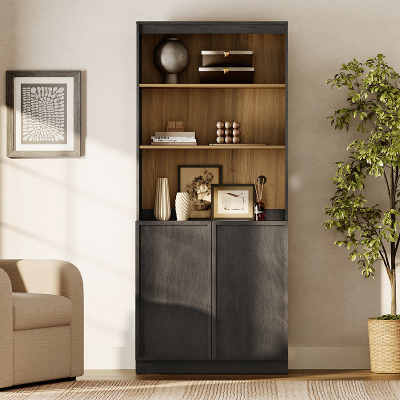 Bibliothèque moderne de 72 po de hauteur avec portes et tablettes réglables, bibliothèque avec armoire de rangement et tablettes ouvertes, bibliothèque en bois pour bureau à domicile, salon