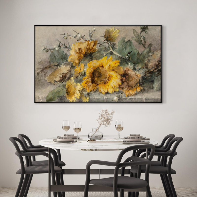 Très grande reproduction d'art sur toile - Tournesol rustique, illustrations florales rétro, décoration pour le salon ou la chambre à coucher - «Assemblage requis du cadre (cadre non fini)»