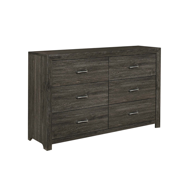Commode moderne à 6 tiroirs avec poignées en chrome, finition gris foncé pour un rangement élégant dans la chambre à coucher