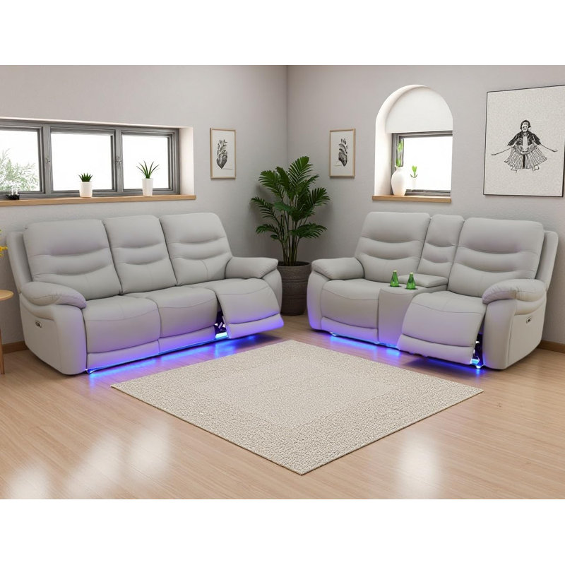 Ensemble de canapé inclinable électrique en cuir 2 pièces avec lumière DEL, port USB et console de rangement, Gris clair