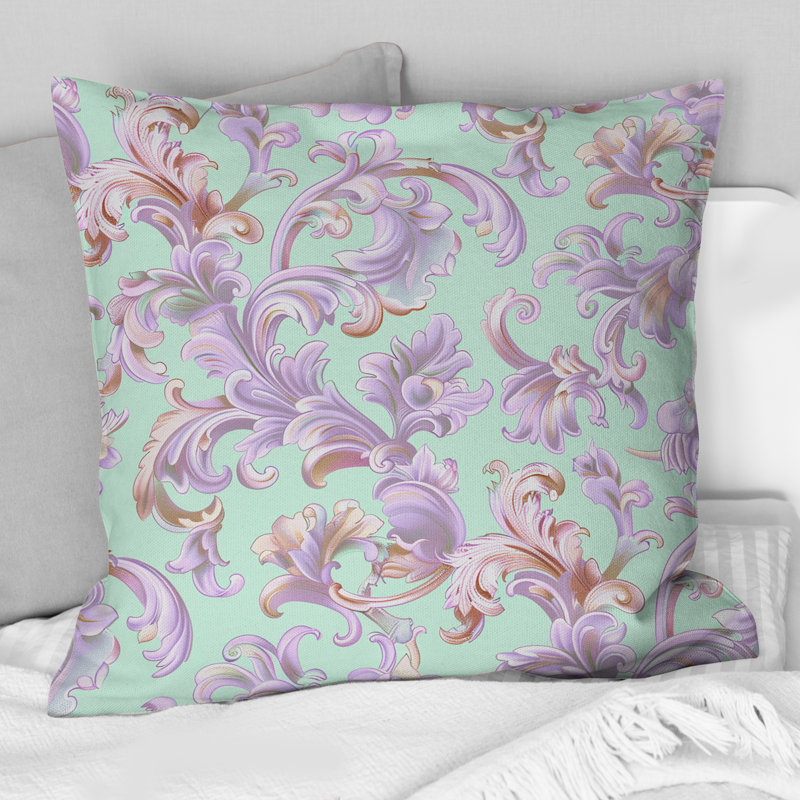 Coussin décoratif floral mauve et bleu glamour, H 16 po x l 16 po