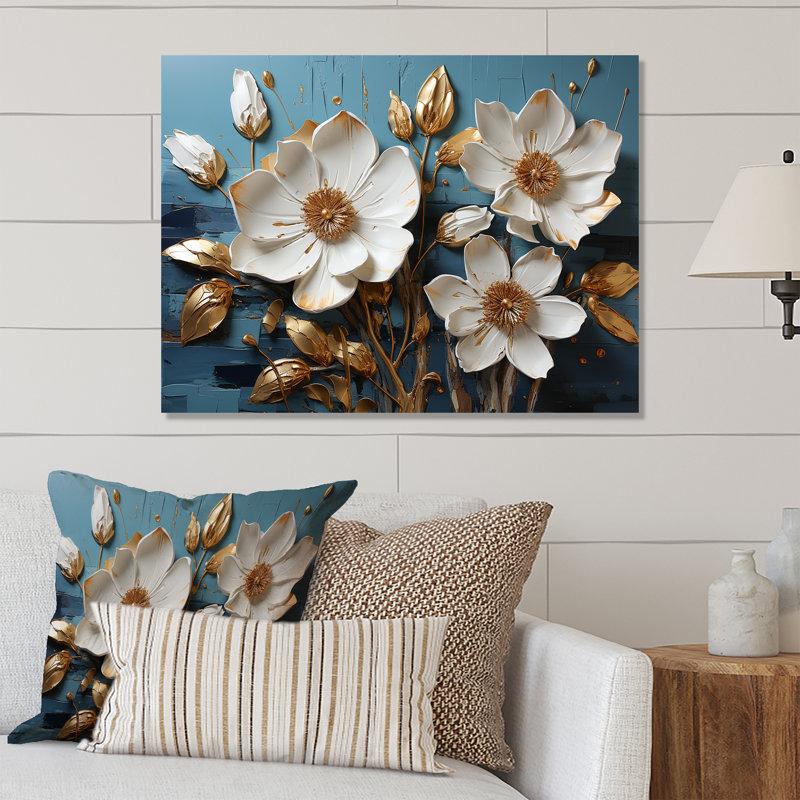 Fleurs blanches et bleues, coquelicots, arbre V - Art mural floral abstrait en métal, H 12 po x l 20 po x P 1 po