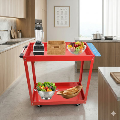 Tool Cart On Wheels. A Heavy-Duty Steel Utility Cart Equipped With Lockable Wheels And A 400-Pound Load Capacity. This Industrial Service Cart Is Suit