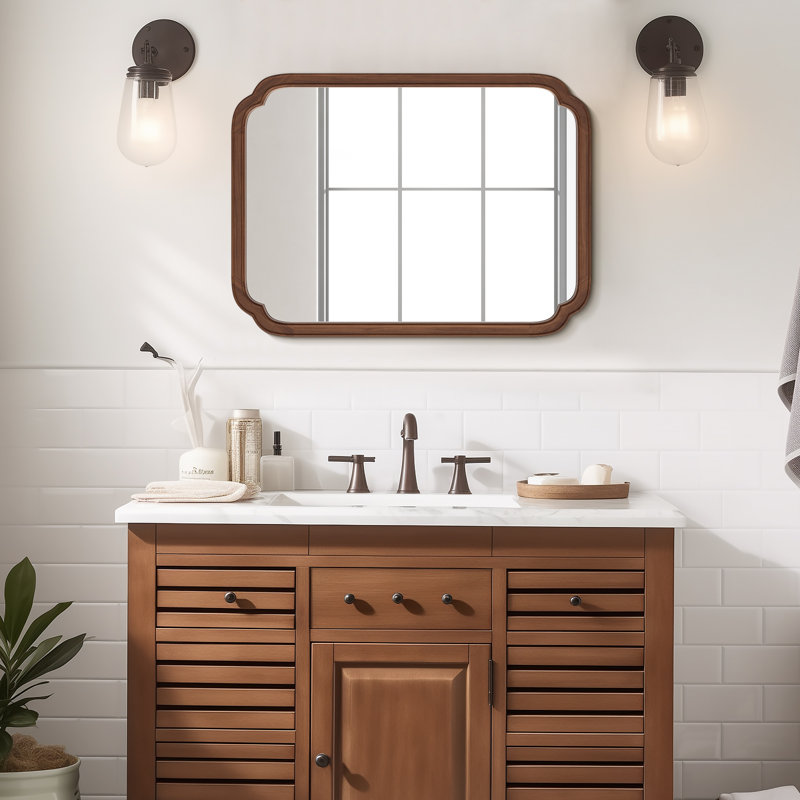 Ali Solid Wood Scalloped Wall Mirror, Walnut, 1, 30" x 22"