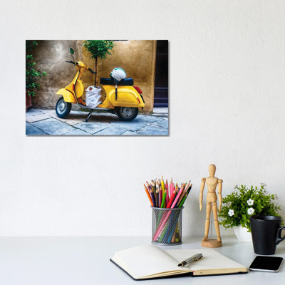 Vintage Scooter with a Small Tree Parked Along a House, Pienza, Tuscany, Italy 1 Piece Wrapped Canvas Wall Art