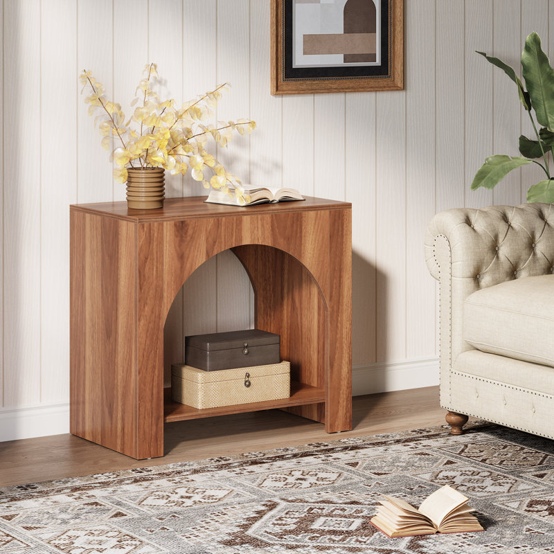 Farmhouse End Table With Storage Shelf For Living Room, Walnut, 1