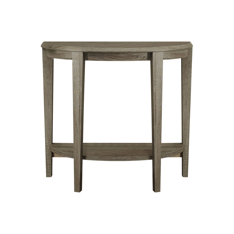 Table console demi-lune en panneaux de particules taupe avec plateau biseauté - Idéale pour une chambre ou une entrée. Finition stratifiée, panneau épais, pieds fuselés, plateau et espace de rangement supplémentaire.