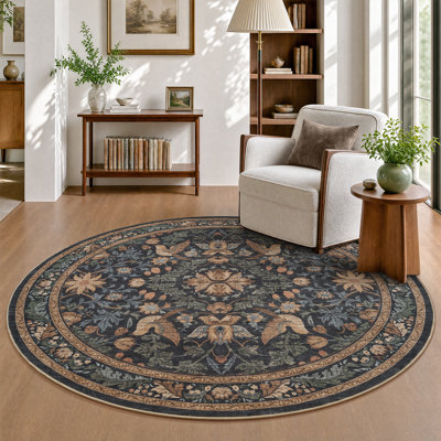 Soft Vintage Floral Washable Non-Slip Area Rug For Living Room, Bedroom Charcoal & Sage Green