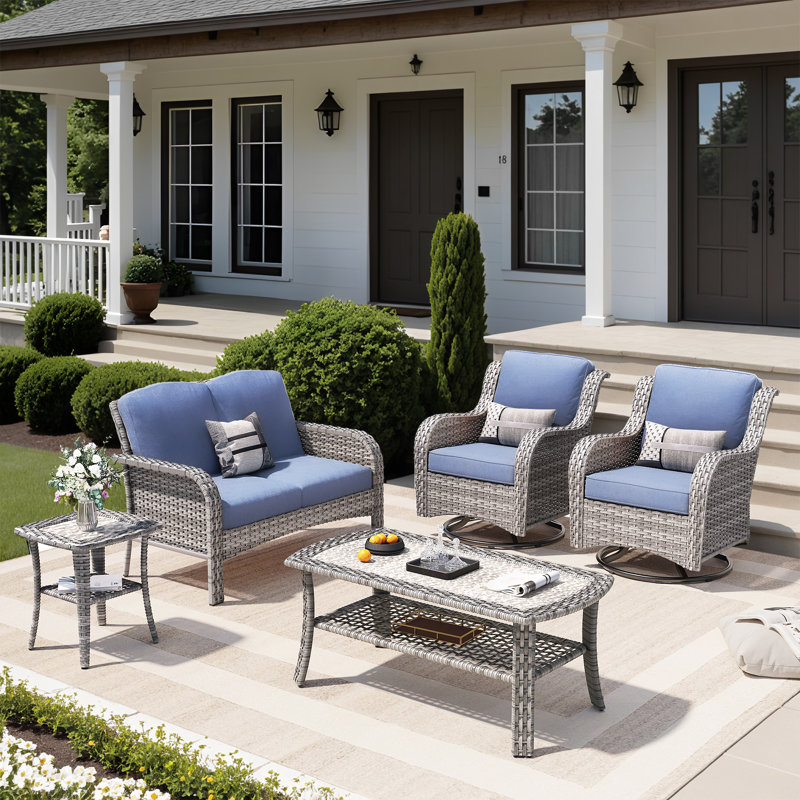 5-piece Outdoor Patio Furniture Set With Swivel Chairs & Coffee Table – Rattan Conversation Set For Front Porch, Backyard, And Deck