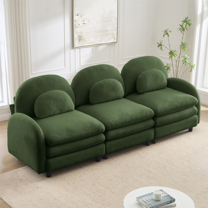 Canapé Teddy en tissu doux à 3 places, dossier incurvé et accoudoirs avec coussins lombaires incurvés, canapé modulaire à 3 places avec coussin de soutien