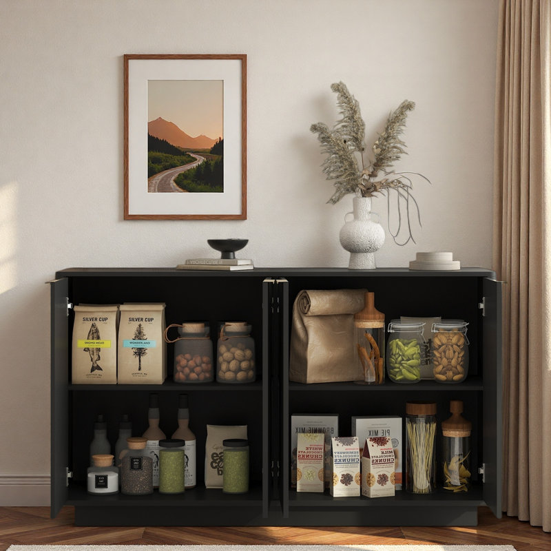 Modern Fluted Sideboard With Adjustable Shelves And Metal Handles, Black