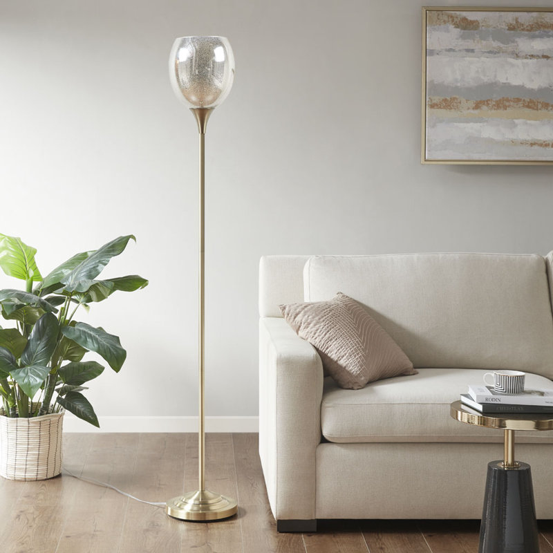 Floor Lamp, Antique Brass Metal Finish, Mercury Glass Bowl Shade, 96" Clear Power Cord, Foot Switch, 9W LED Bulb Included