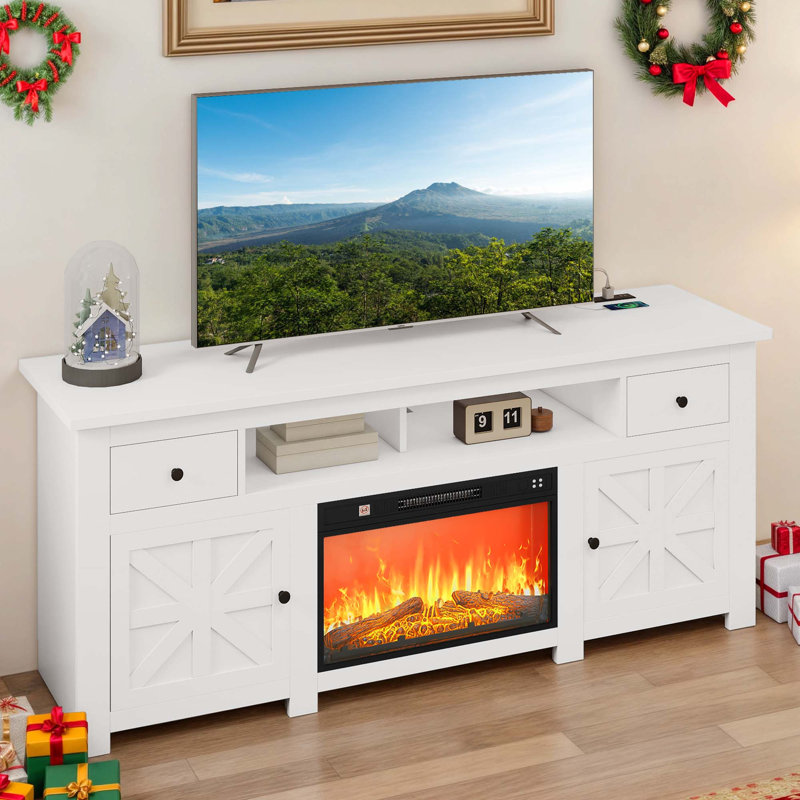 TV Stand For Large Screens Up To 80", Console With Fireplace And Storage, 70", White