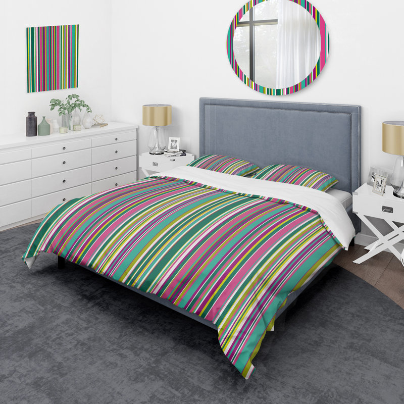 Ensemble de housse de couette en microfibre vert / mauve / rose 3 pièces, Housse de couette pour grand lit et 2 taies décor