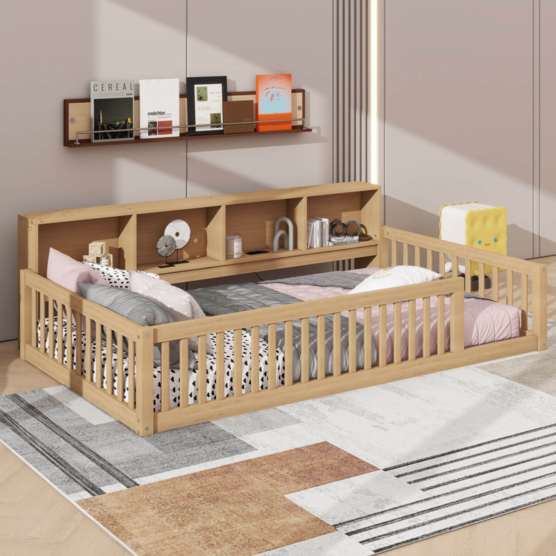 Lit en bois avec armoires de rangement et ports USB pratiques, Brun