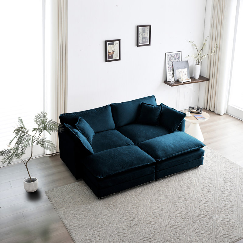 Ensemble de 4 canapés modulaires en chenille bleue 2 places avec repose-pieds 2 places