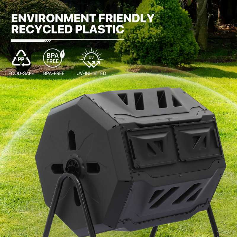 43 Gallon Black Dual Chamber Rotating Compost Tumbler with Gloves
