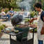 Table de barbecue d'extérieur pour barbecue Big Green Egg, chariot de barbecue en métal avec 2 panneaux pliants, compatible avec Kamado Joe Jr, grand œuf vert