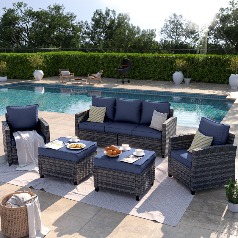 5-Piece Patio Furniture Set, PE Wicker Outdoor Conversation Set with 3-Seat Sofa, 2 Armchairs and 2 Ottomans, Modern Outdoor Seating Set for Patio, Porch & Backyard