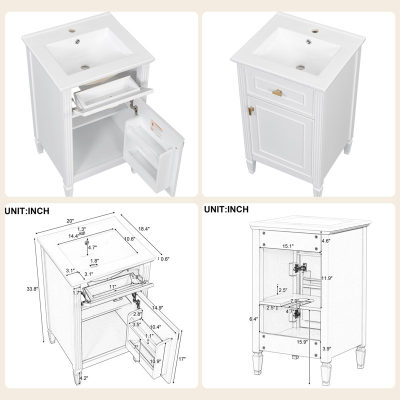 20-inch Bathroom Vanity With Sink, Solid Wood Legs, Adjustable Shelf, Tilt-out Drawer, Zinc Alloy Knobs, White