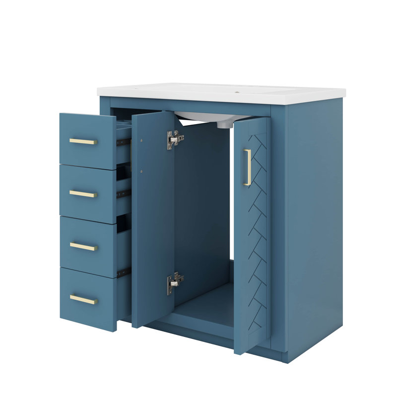 Armoire de salle de bain moderne autoportante simple 30 po avec 3 tiroirs spacieux, Indigo, Doré