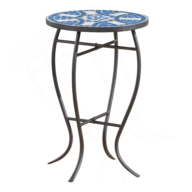 Outdoor Round Side Table With Mosaic-Style Top And Curved Iron Legs, End Table-Blue ,Wihte And Matte Black