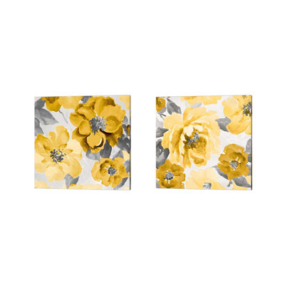 " Yellow And Grey Floral Delicate I & II " 2 - Pieces