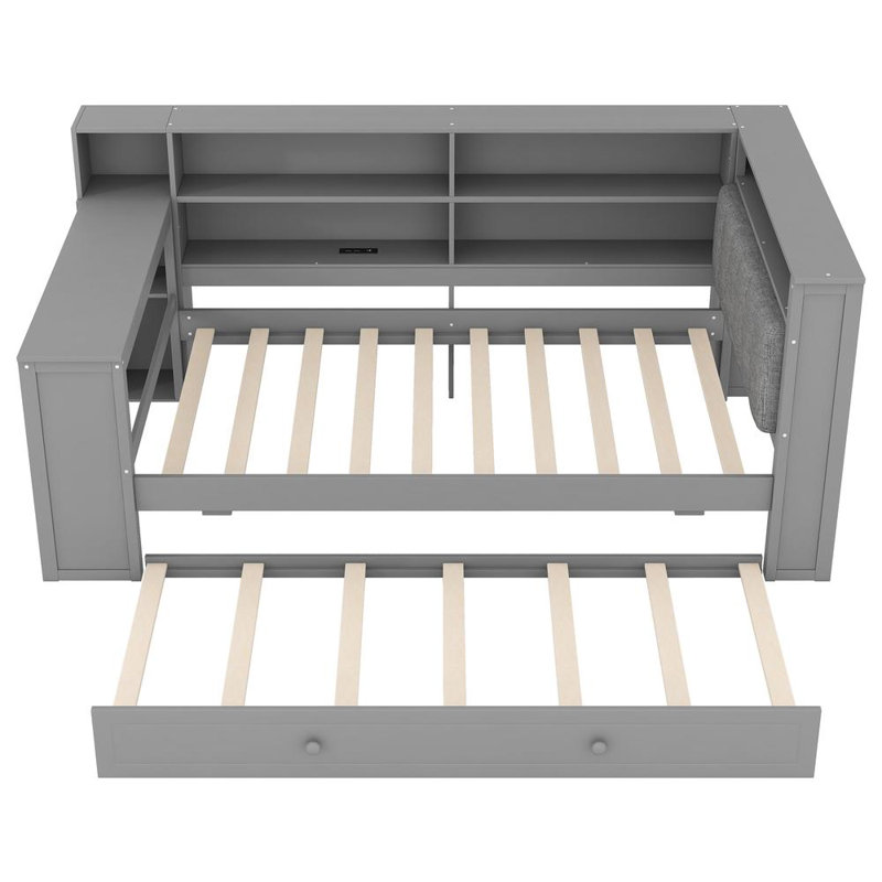 Twin Size Platform Bed with Storage Shelves, Trundle, Charging Station, LED, Desk and Upholstered Headboard, Gray