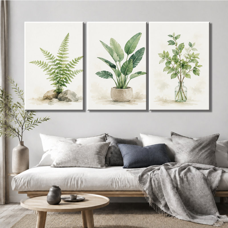 Tableau en trois panneaux, plantes botaniques vertes, impression sur toile tendue à l'aquarelle, 20 * 30 pouces * 3