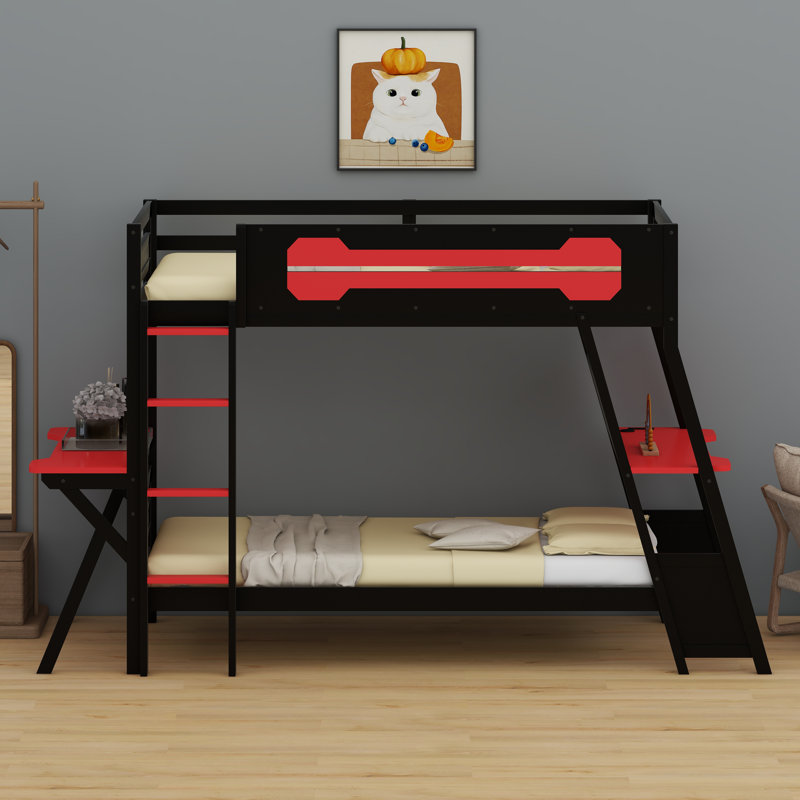 Système de lit superposé à double bureau avec connectivité USB et configuration de panneau perforé personnalisable, Rouge