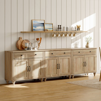 Sideboard Buffet Cabinets With 6 Doors And 3 Drawers, Farmhouse Sideboard Credenza For Dining Room, Modern Large Storage Cabinet For Living Room, Oak, 102 Inch