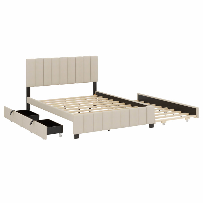 Lit plateforme tapissier robuste, équipé de 2 tiroirs et d'un lit gigogne, Beige