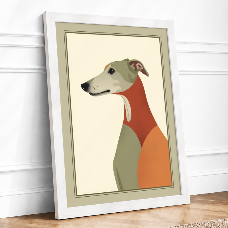 Greyhound in Geometry Mid-Century - Framed Print, A2 - 59.4 x 42.0 cm, White