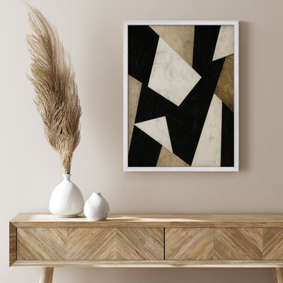 Geometric Black and White Shapes Framed Print Wall Art - Modern Abstract Angular Design with Beige Accents, Bold Artwork for Contemporary Living Room Decor