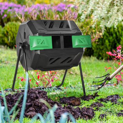 Outdoor Dual Chamber 360° Rotating Composter 43 Gallon Green