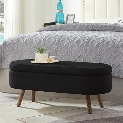 Élégant banc d'entrée ovale avec pieds en bois, repose-pieds rembourré en tissu Cozy Boucle pour le salon et la chambre à coucher, 5068-boucle-noir