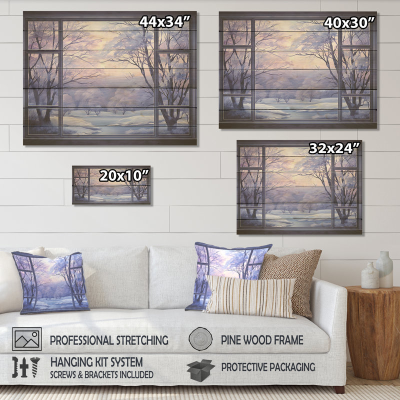 «Purple River Winter Windows I» - Paysage d'hiver sur bois, H 10 po x l 20 po x P 0,78 po