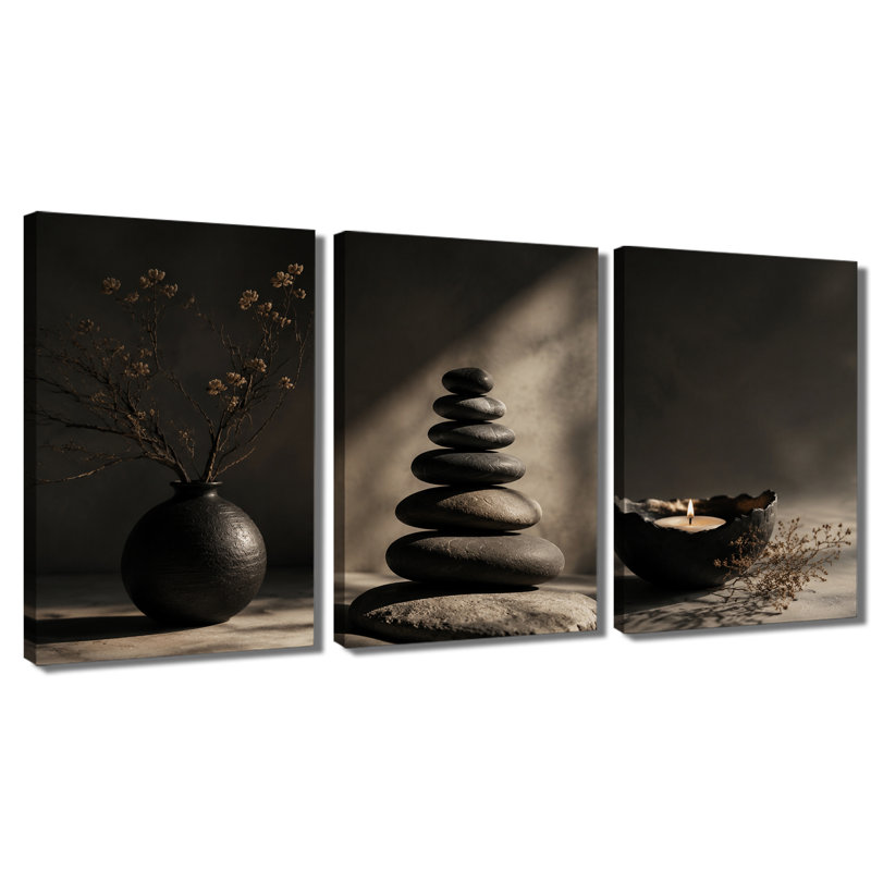 3 panneaux muraux Zen Stone Still Life, reproduction d'art sur toile tendue pour le salon, 12 * 18 pouces * 3