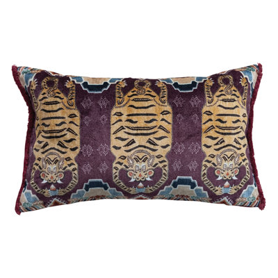 Cotton Velvet Printed Lumbar Pillow With Tibetan Tigers Pattern, Beads And Eyelash Fringe