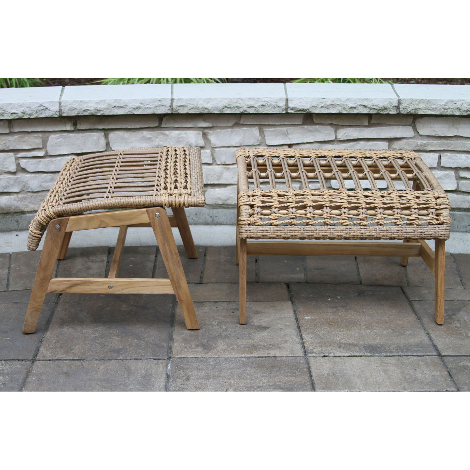 Anyston Outdoor Teak Ottoman, Natural Wicker