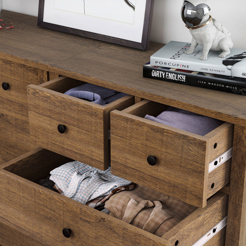 Commode 5 tiroirs pour commode de meubles de chambre à coucher en bois avec poignées rondes, Marron clair