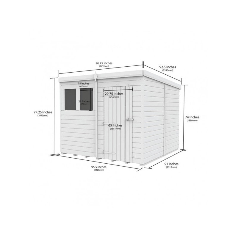 Total Sheds 8ft x 8ft Composite Pent Garden Shed - Single Door - With Windows - EPDM Rubber Roof - UK Manufactured