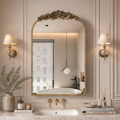 Vintage Carved Arch Bathroom Mirror Cabinet with Adjustable Shelf and Jewelry Hooks, Recessed & Surface Mount, Gold