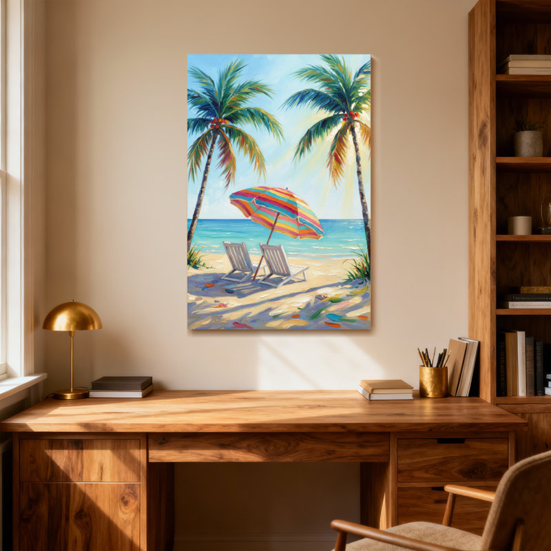 Plantes et fleurs, plage, palmiers, parasol, chaises, soleil, océan, ciel, sable, H 24 po x l 16 po
