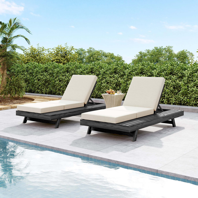 Chaise longue en bois d'acacia massif avec coussin de salon (pli triple) - version assortie disponible, Noir