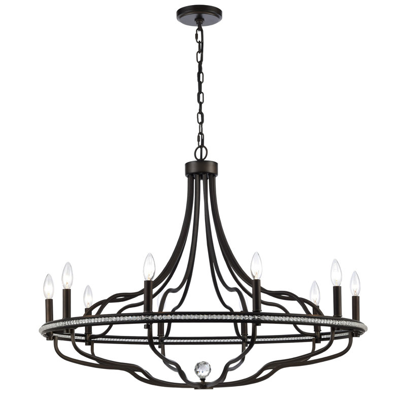 Lustre toscan en bronze foncé avec accents de cristal transparent, H 28 po x l 38 po x P 38 po, 10