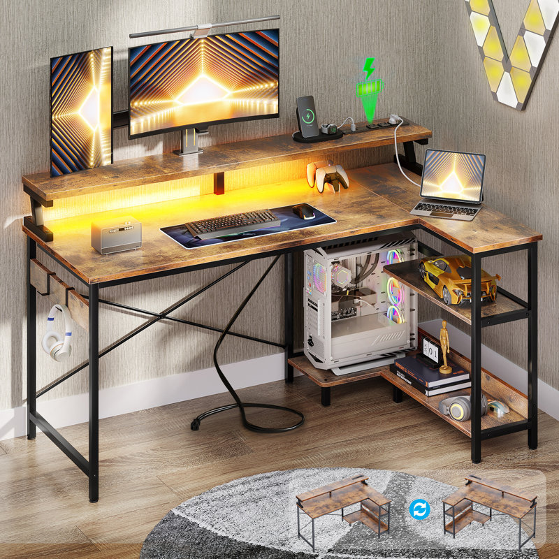 Gaming Desk With Led Strip, Computer Desk With Cpu Stand And Monitor Shelf,l-shaped Writing Desk With Versatile Iron Hooks And Ample Storage Space, Home Office Desk With Built-in Power Outlets