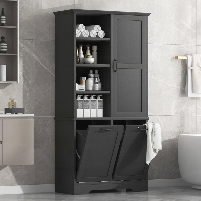 Armoire de rangement de salle de bain avec portes et tiroirs, panier à linge inclinable, Noir