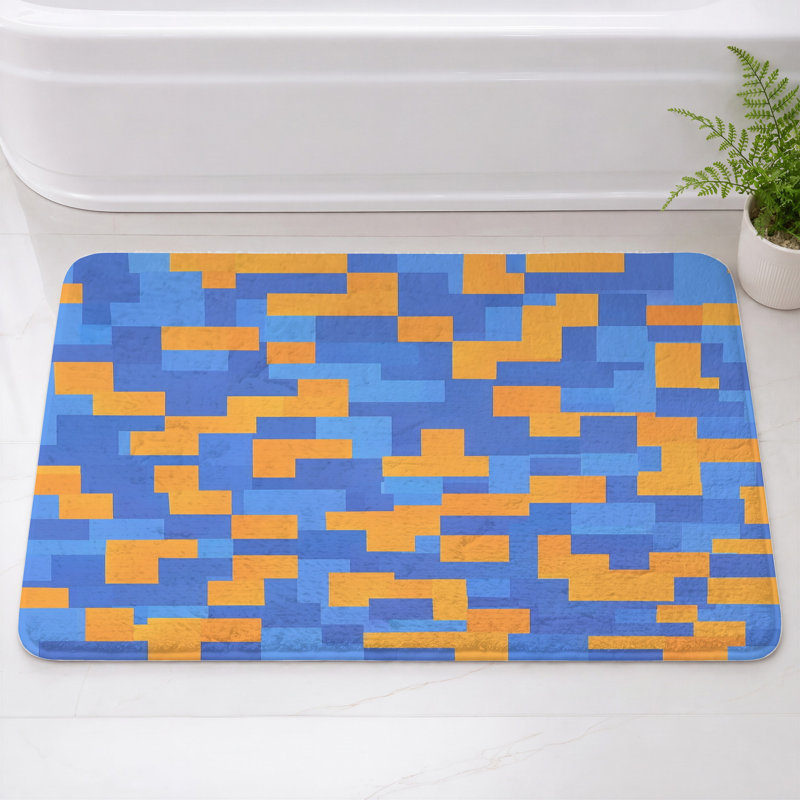 Tapis de bain à motif pixelisé, L 34 po x L 21 po, Bleu moyen / orange moyen