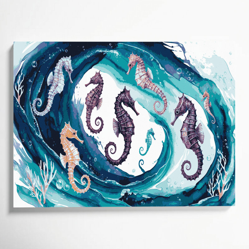 Art mural sur toile bleu hippocampes nautiques, H 20 po x l 30 po